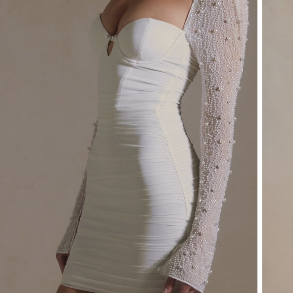Oh Polly ST. Germain Embellished Long-Sleeve Mini White Dress Sz 0 - Picture 3 of 10